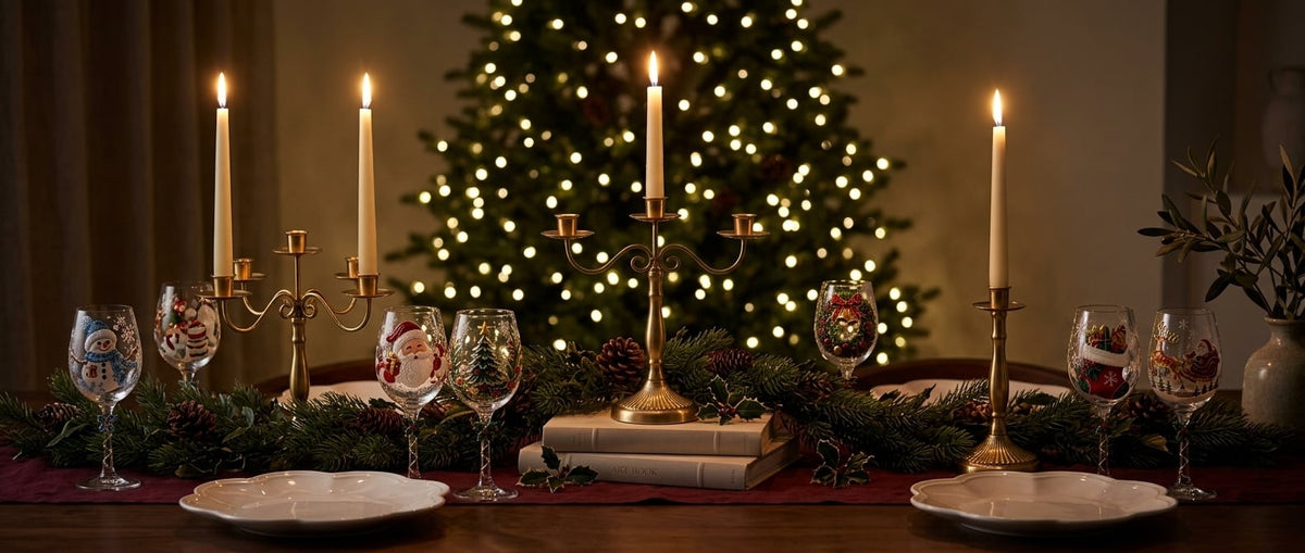 Gold candelabra lit after dark