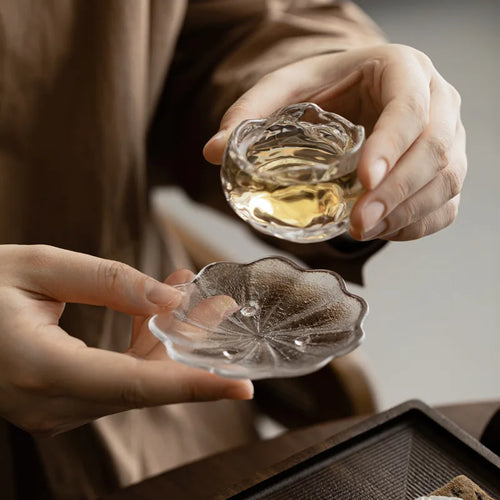 Two crystal glass coasters held in hand