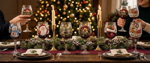 Six Christmas glasses along a candlelit dinner table