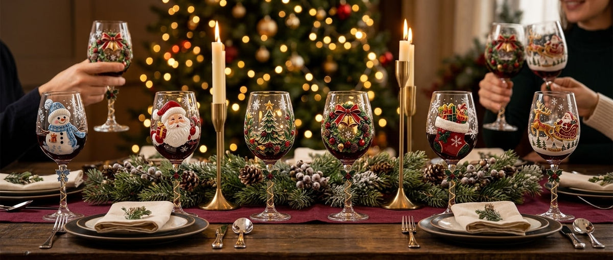 Six Christmas glasses along a candlelit dinner table