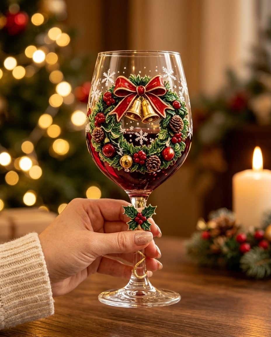 A hand lifting one Christmas glass at a candlelit table