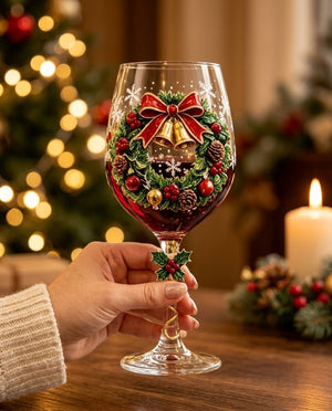 A hand lifting one Christmas glass at a candlelit table