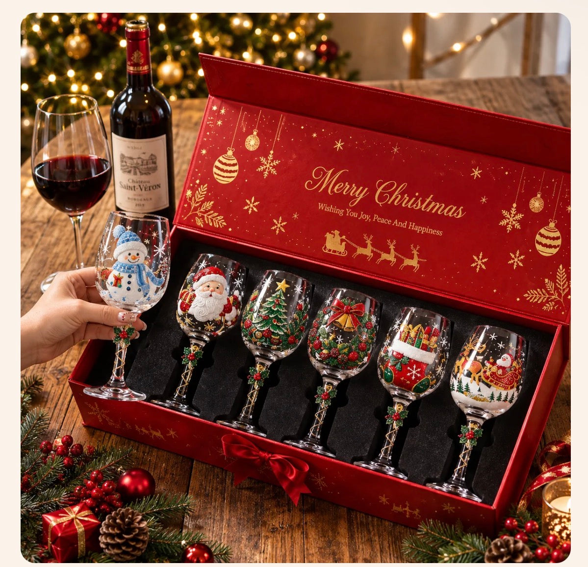 Lifting a glass from the open gift box